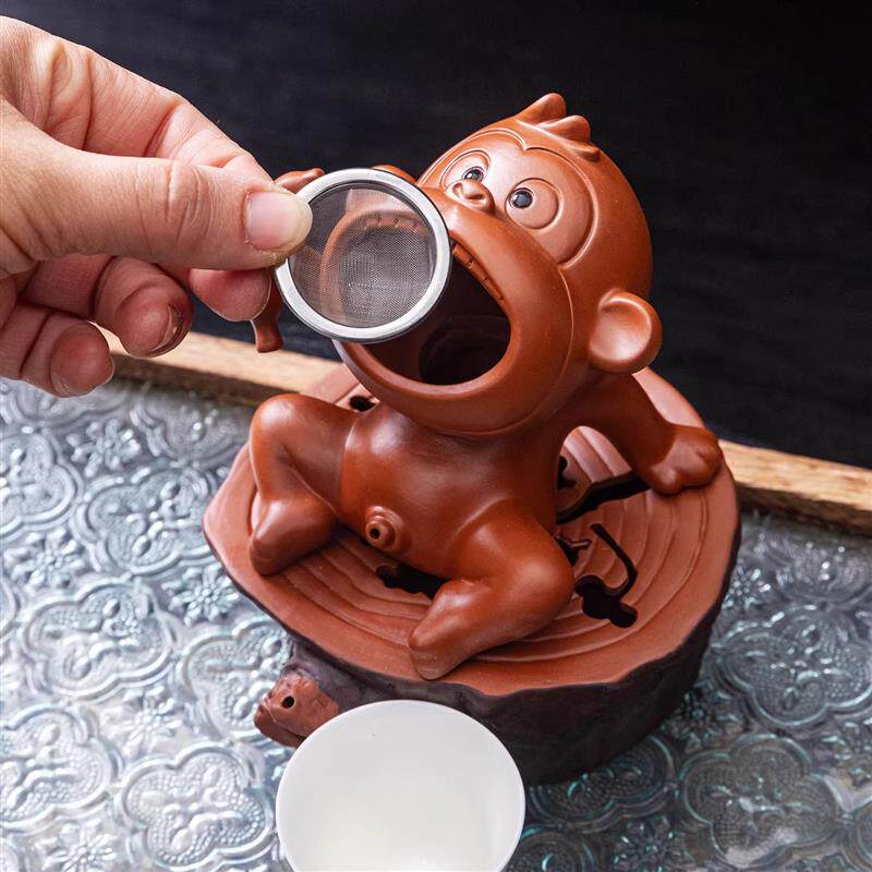 紫砂创意可养茶漏滤茶器尿童摆件精品手工茶具茶道撒尿喷水茶宠配