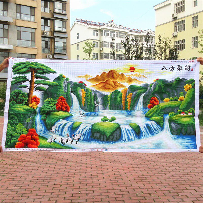 纯手工十字绣成品八方聚财聚宝盆迎客松大幅绣好的客厅挂画出售