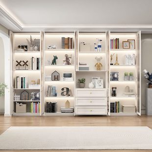 奶油风书柜一体靠墙客厅书房书橱储物柜书架玻璃门展示柜 实木法式