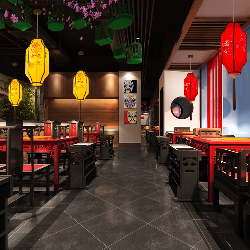 新中式小吊灯布i艺仿古典创意手绘长形灯笼火锅店餐厅茶楼饭店灯