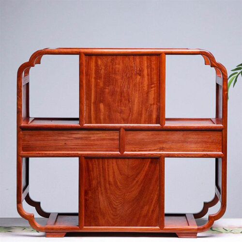 缅甸花梨全独板葵角双抽茶水柜茶边柜博古架收纳置物架国标红木