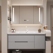 现代轻奢橡木门板灰色浴室柜组合卫生间陶瓷一体盆洗手盆洗漱台手