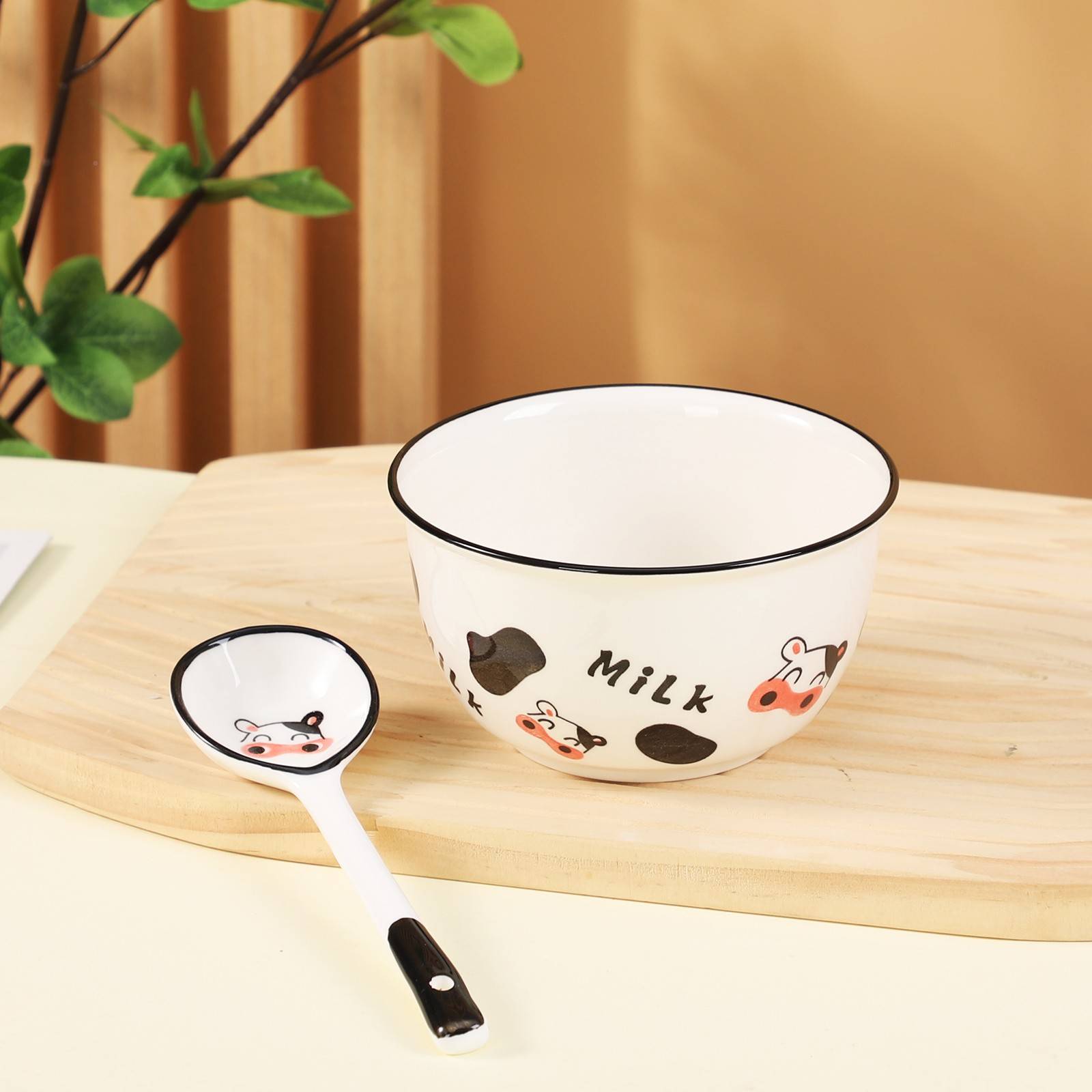牛奶碗子2通2勺家陶瓷米日饭套碗用卡碗勺装34798餐式具