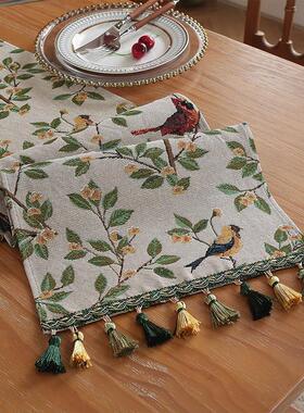 覆古绿色花朵桌旗蓝色油画画风餐柜旗民族风茶几电视柜长条盖巾