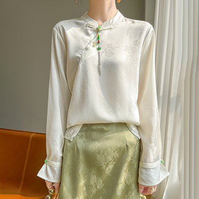 缎面真丝新中式国风提花衬衫女春秋款醋酸上衣桑蚕丝长袖打底衬衫