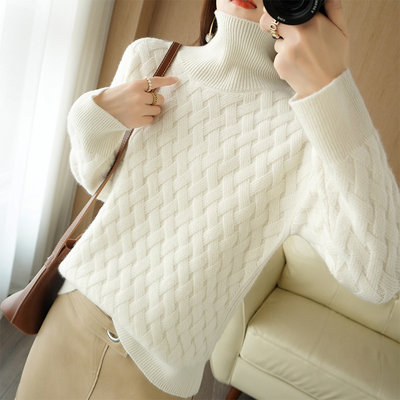 100纯羊毛高领毛衣女加厚宽松套头秋冬新款慵懒风纯色针织打底衫