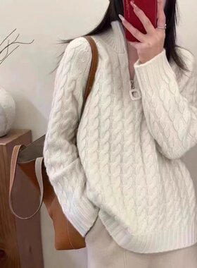 纯羊毛半高领拉链毛衣扭花双股羊毛衫女加厚粗毛线针织打底衫