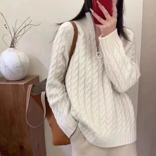 纯羊毛半高领拉链毛衣扭花双股羊毛衫女加厚粗毛线针织打底衫