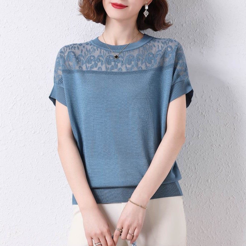 桑蚕丝圆领短袖t恤女薄款夏季新款洋气镂空冰丝针织衫配裙子上衣,女装/女士精品,T恤,淘宝优惠券,粉丝福利购,淘宝优惠卷