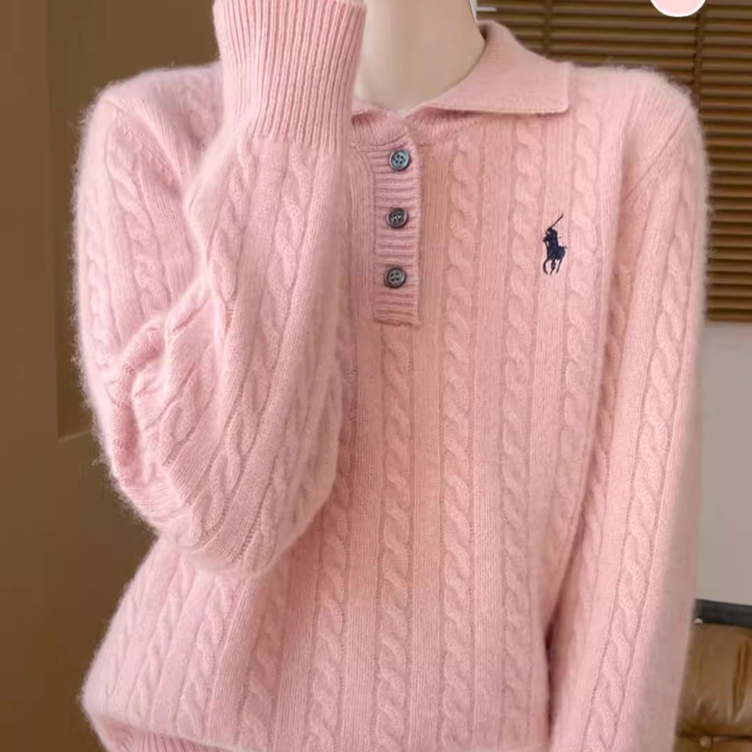 100纯羊毛女POLO领扭花加厚洋气针织打底衫宽松套头半开领领毛衣