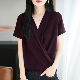 莱赛尔天丝交叉V领短袖T恤女2026新款夏季薄款洋气设计感针织上衣