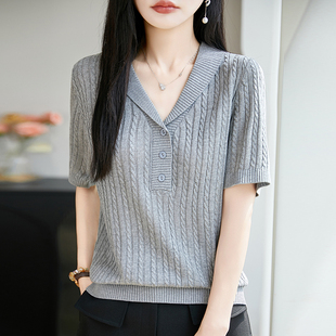 通勤风翻领麻花针织短袖T恤女2026夏宽松显瘦纽扣洋气设计感上衣