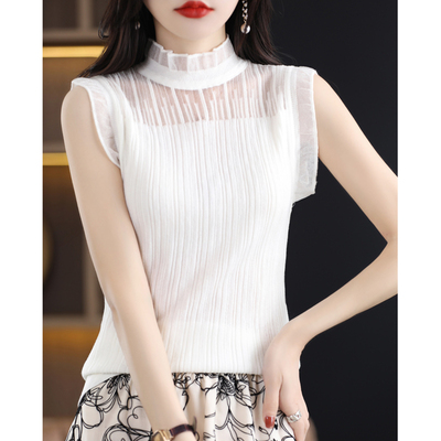 花边领精仿羊毛背心女春夏网纱半高领打底衫假领蕾丝内搭无袖上衣