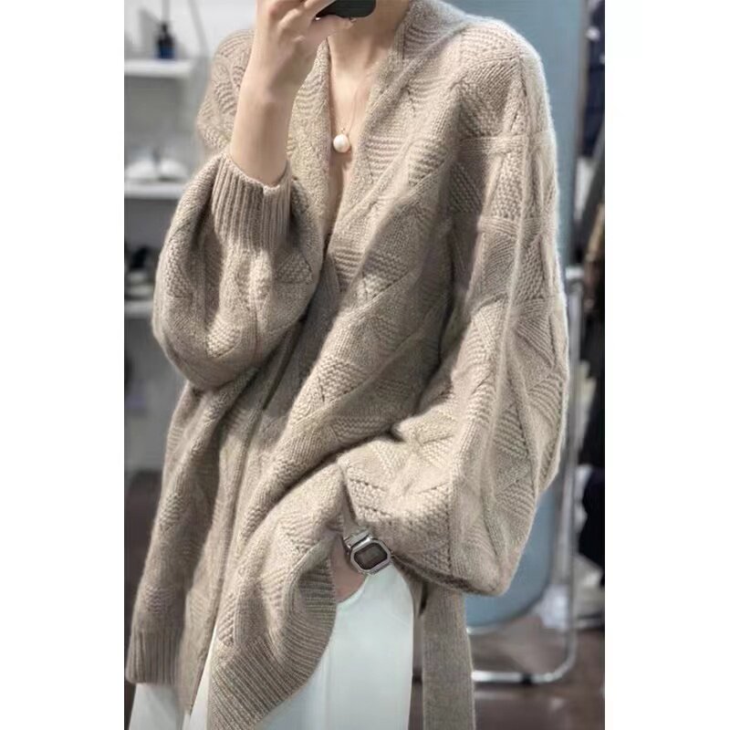 100%纯羊毛中长款开衫女士秋冬宽松时尚慵懒风显瘦针织衫加厚外套
