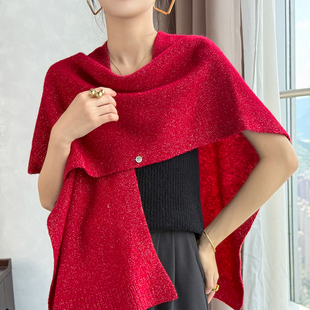 春秋冬新款红色100纯羊毛针织披肩女外搭显瘦亮丝斗篷式毛衣开衫