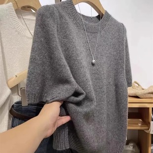 春秋冬100纯羊绒短袖女五分袖圆领套头羊毛针织打底衫半袖毛衣女