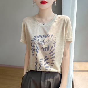 春夏新款通勤风印花短袖T恤衫女宽松圆领针织衫显瘦减龄百搭上衣