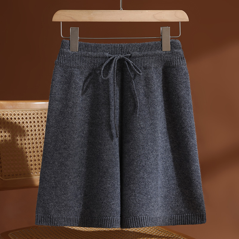 秋冬新款100纯羊毛针织短裤五分裤女高腰百搭简约休闲阔腿裤外穿