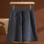 秋冬新款 外穿 女高腰百搭简约休闲阔腿裤 100纯羊毛针织短裤 五分裤