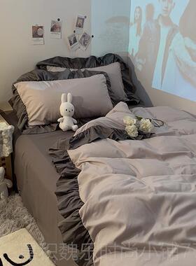 高档韩床式上用.品纯色少女心紫色荷叶边四件套床裙公主18双人被