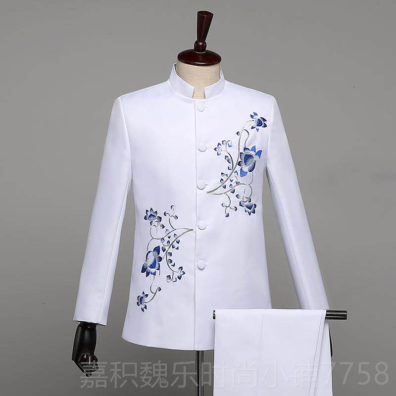 高档新款绣花中装演出服男老年单位歌合唱服学校动会表红演山服套