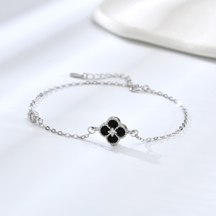 925纯银天然白贝母四叶草手链女小众设计感黑玛瑙精致手饰送女友