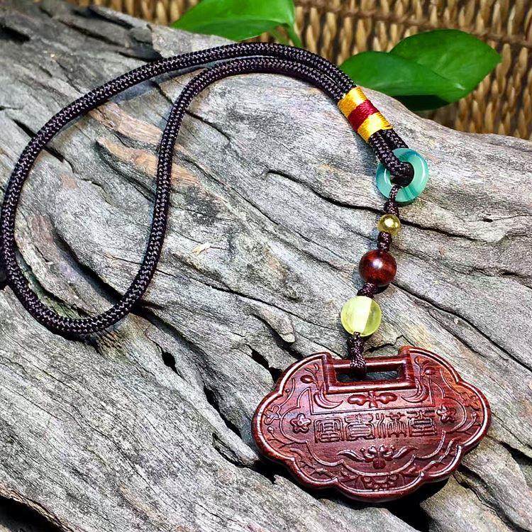 五行缺木长命百岁锁富贵金玉满堂海南黄花梨木雕牌挂坠手把件车挂