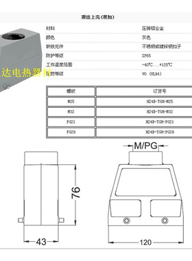 。HDXBSCN西霸士24针矩形重载连接器H24B-TGH-PG29上壳/顶部出线