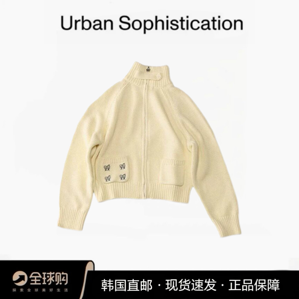 专柜正品urban sophistication火柴人长袖刺绣拉链立领针织开衫女