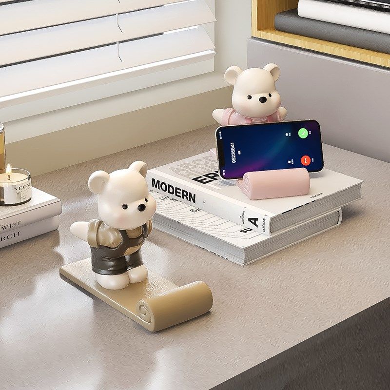 可爱熊手机支架办公室桌面装饰摆件治愈系工位情绪稳定解压礼物