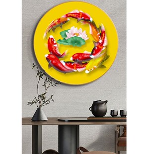 圆形九鱼图锦鲤荷花莲叶客厅玄关挂画餐厅茶室壁画布画无痕画芯