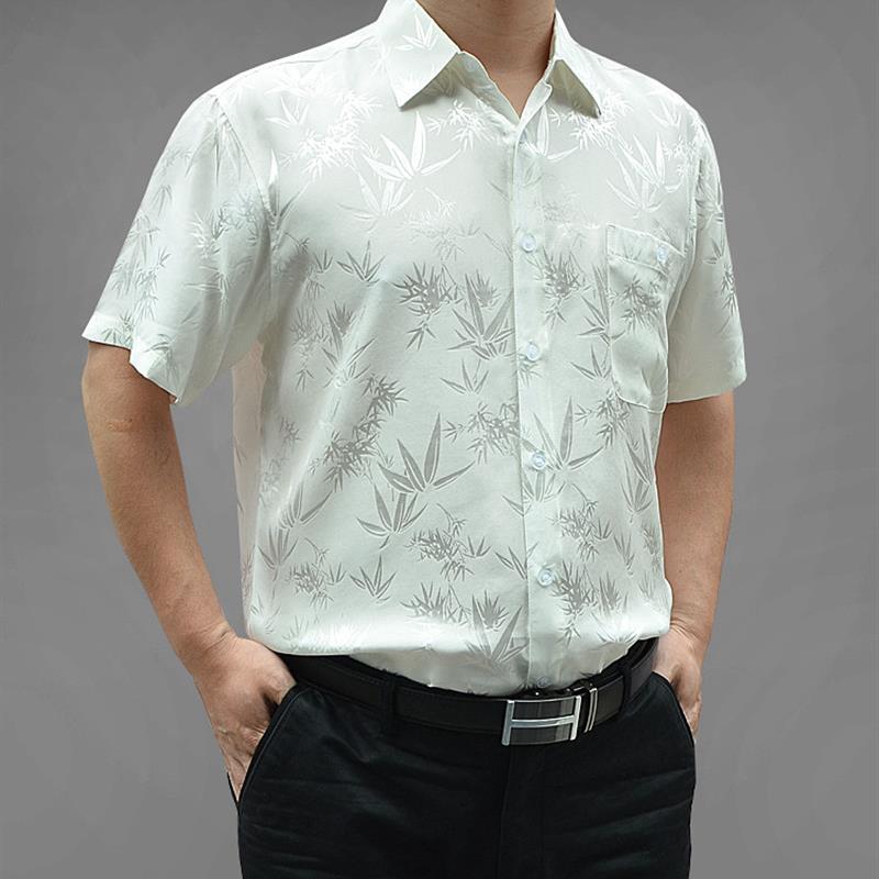 中老年桑蚕丝衬衫短袖男真丝上衣商务休闲父亲丝绸宽松衬衣爸爸装