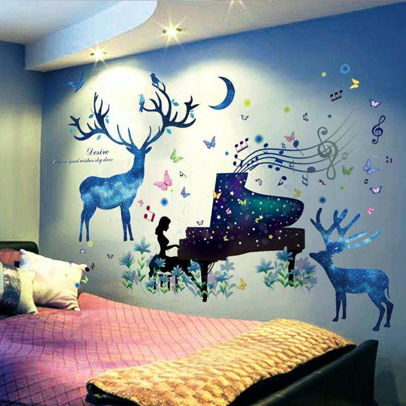 卧客厅室沙发背景墙面墙壁装饰自粘墙贴纸贴画麋鹿创意个性画自粘图片