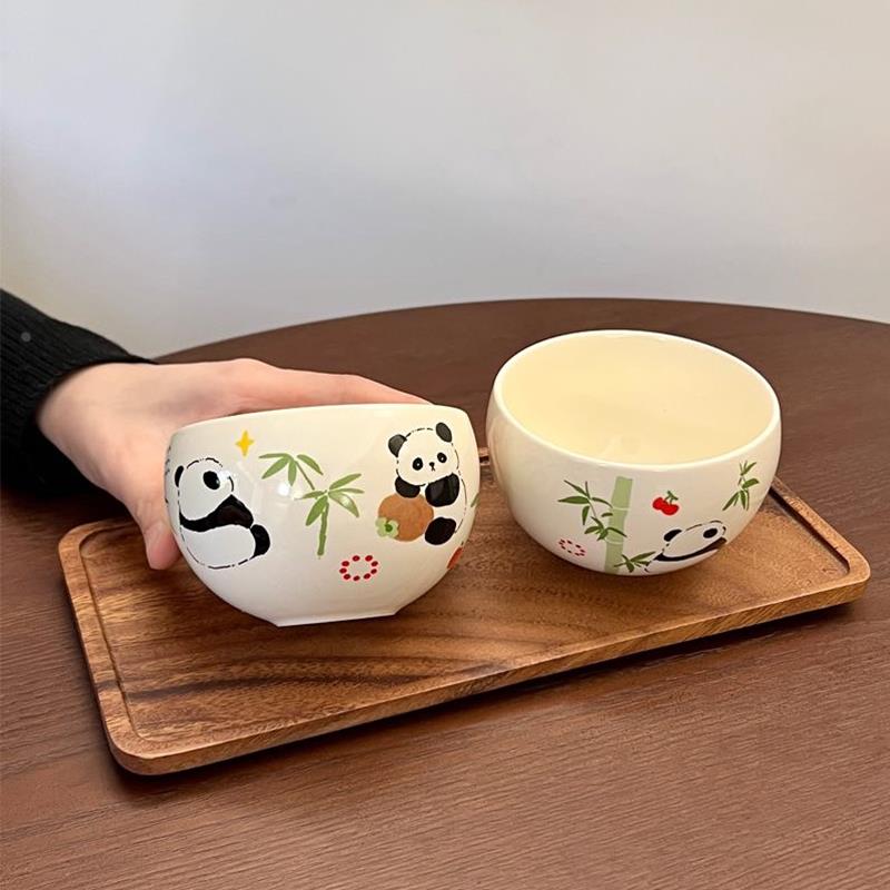 可爱熊猫陶瓷手握杯咖啡杯拉花杯高颜值家用茶杯奶油色复古杯子