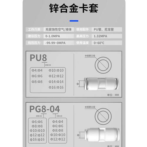 气管快速接头气动直通PU变径PG快插对接气泵空压机接头4/6/8/10mm