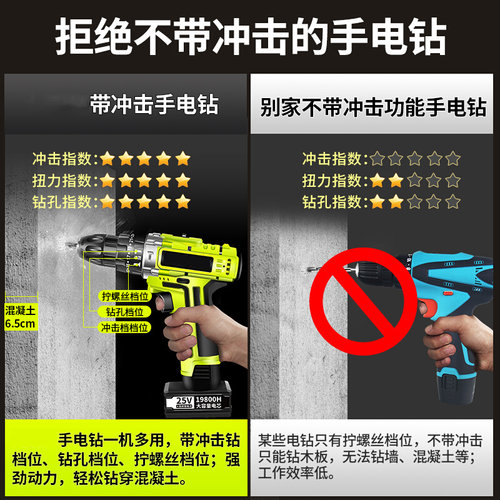 。德国带冲击电动电转无绳16V家用充电手钻无线21v手持电批工具瓷
