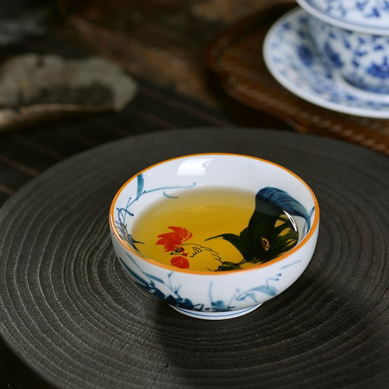 景德镇青花手绘金鸡报晓主人杯家用手工陶瓷茶杯鸡缸杯送礼专用杯