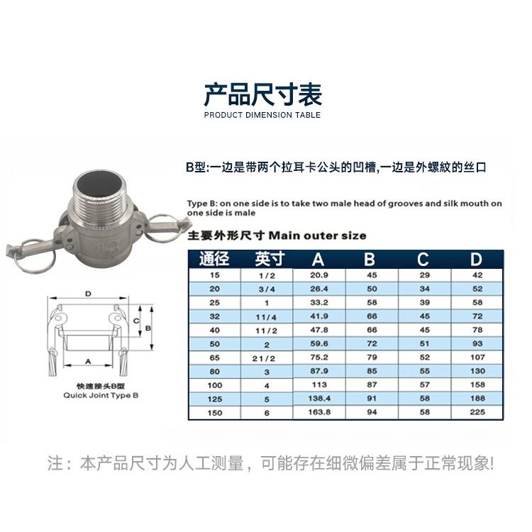 304不锈钢快速接头B型外丝阴端扳把式罐车水管快装卡扣活接头1寸