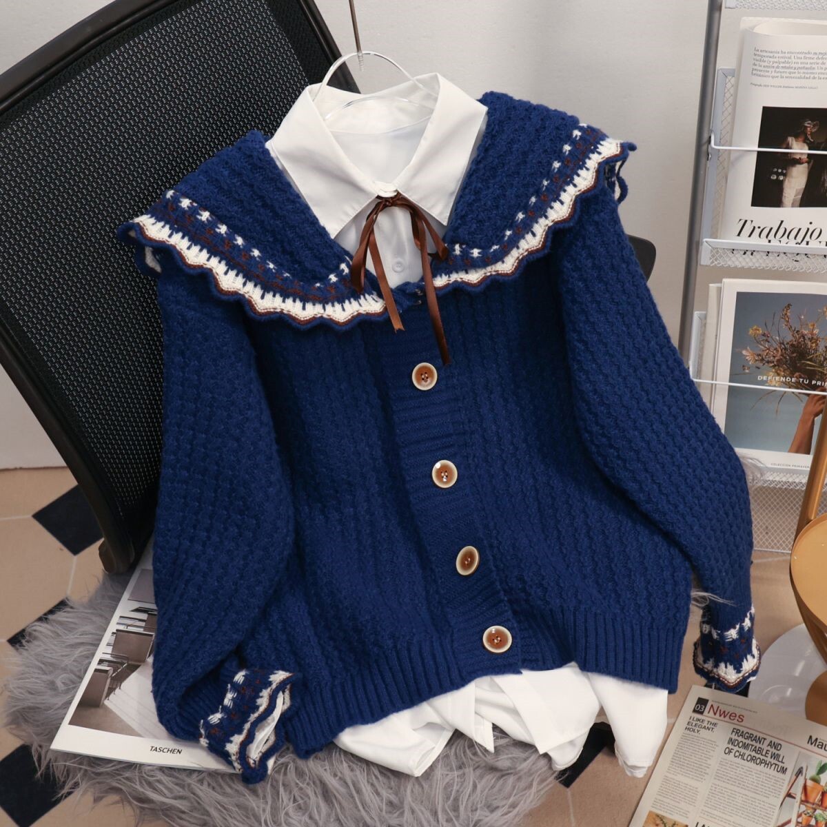 thumbnail for Junior high school girl's fall and winter doll collar shirt two-piece set sweater college 14-year-old foreign knitted cardigan jacket