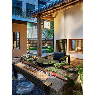 小桥流水现代茶桌小景观一体化循环禅宗河桌养鱼山流水茶桌