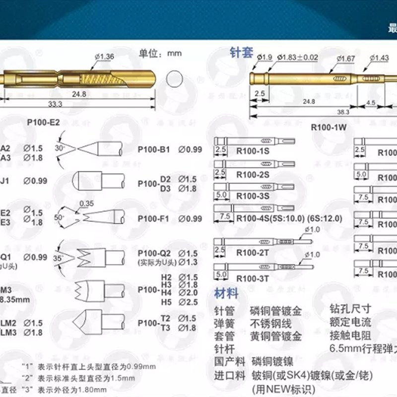 华荣探针套 R100-4W 4S 3W 3S 2W2S测试针焊接绕线针座直径1.67mm