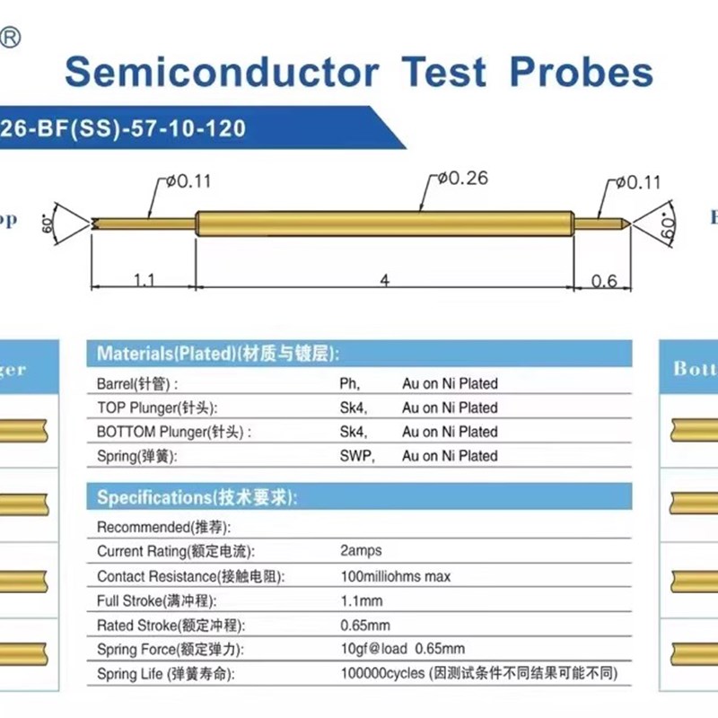 探针半导体测试针026BB570 028BF5.7mm双头针020镀金信号针高频针