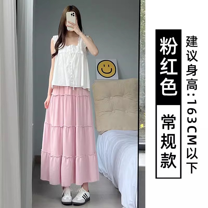 蓝色蛋糕裙2024年夏季新款半身裙子中长款赫本裙学院风百褶裙子女