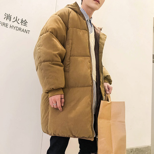 纯色加绒加厚风衣男士冬装季中长款韩版棉衣服外套青少年大衣学生
