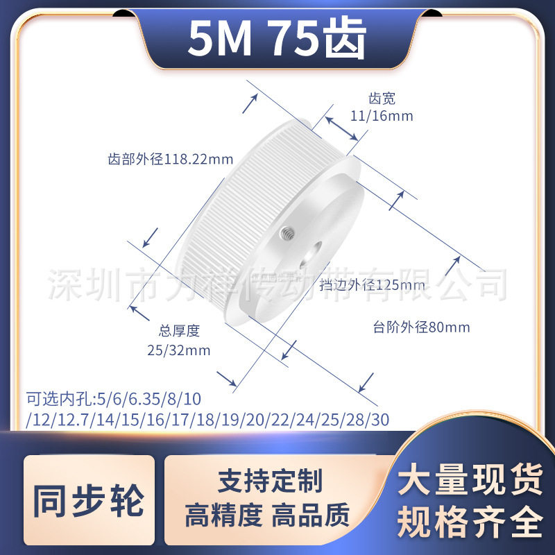 同步带轮5M75齿BF型齿宽11/16内孔56810121415192025齿形带同步轮