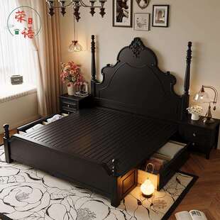 实木床法式复古主卧1.8米双人大床1.5米可储物现代卧室中古风家具