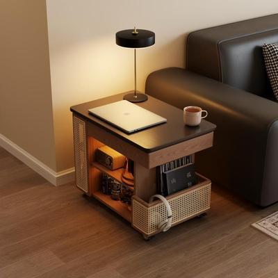 实木可移动边几巴士升降茶几家用客厅沙发边柜子中古风小推车