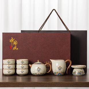 新中式黄汝窑江海无涯西施壶茶具套装陶瓷可养开片套装可