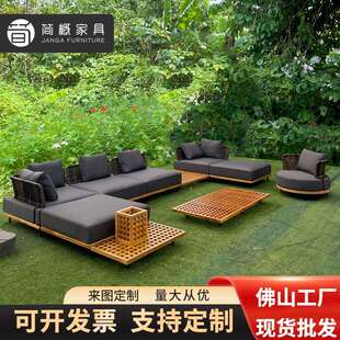 简概户外沙发庭院藤编家具别墅架空层露天花园实木编绳组合沙发