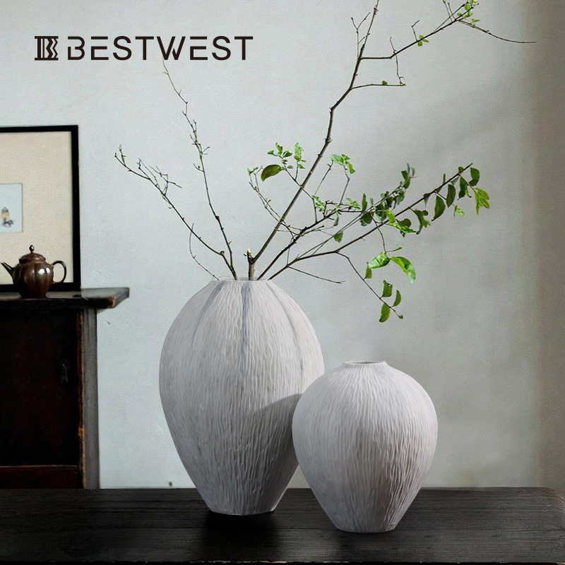 Bestwest白色陶瓷大肚哈密瓜花瓶陶罐家居客厅高级感新中式软装